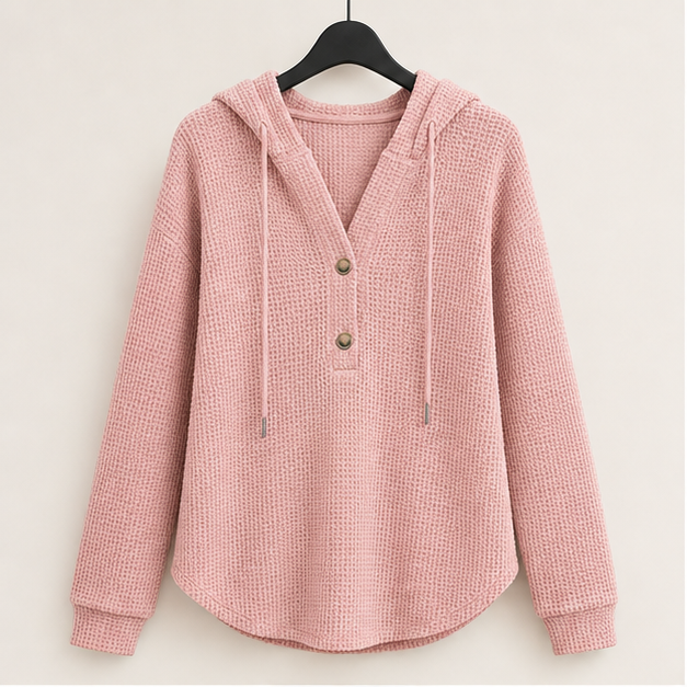 Women Waffle Knit Long Sleeve Drawstring Button V Neck Casual Sweatshirt Hooded Tops Fashion Clothing - image 1