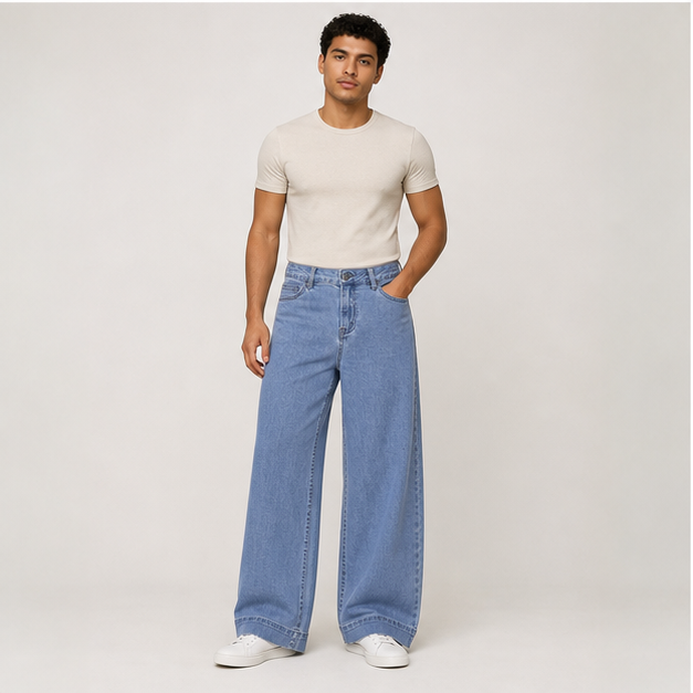 Women's Casual High Waisted Jeans Stretch Button Wide Leg Loose Denim Pants with Pockets - model view