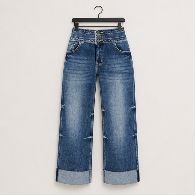 Women's High Waisted Stretchy Wide Leg Jeans Cuffed Baggy Jeans Loose Denim Pants - front view