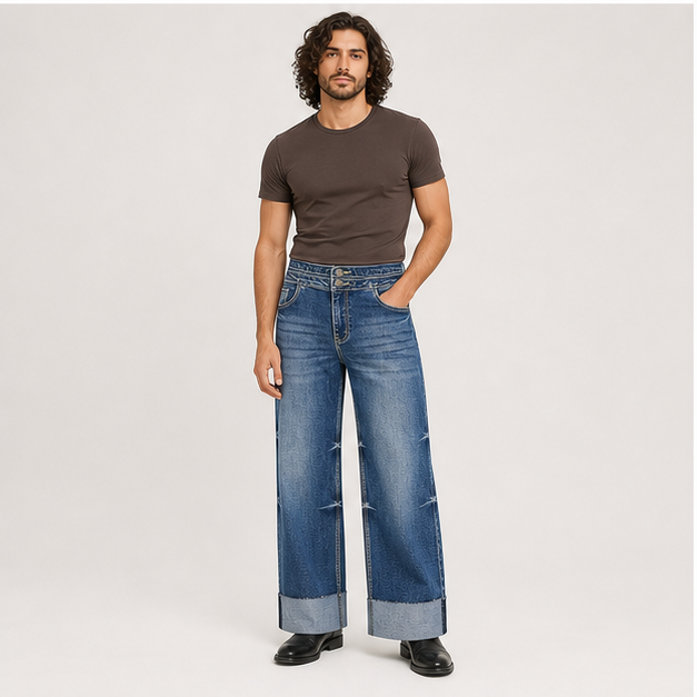 Women's High Waisted Stretchy Wide Leg Jeans Cuffed Baggy Jeans Loose Denim Pants - model view