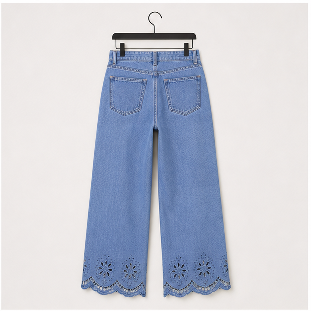Womens Wide Leg Embroidered Jeans High Waisted Stretchy Straight Leg Loose Fit Ankle Denim Pants - back view