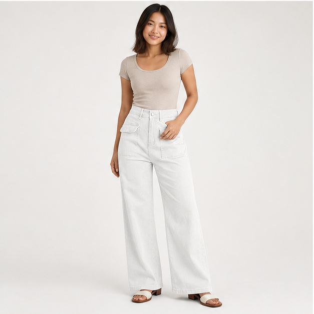 Women's Cargo Baggy Wide Leg High Waist Casual Stretch Pants - model view